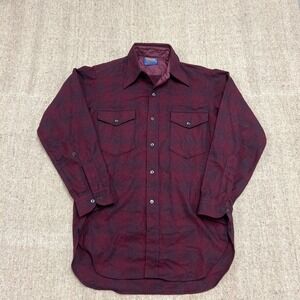 Vintage Pendleton Flannel Mens Medium Red 1960s Wool Shadow Plaid USA Button Up